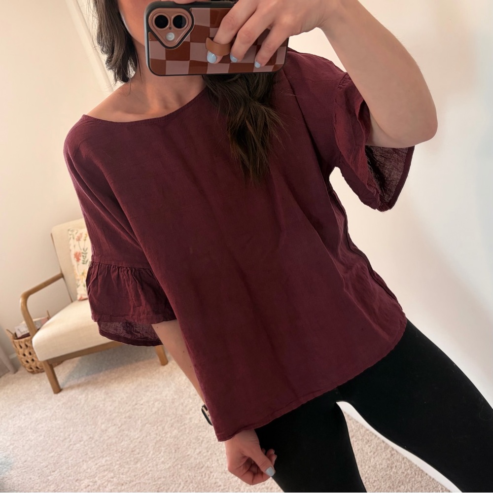 Elena Baldi Women’s Burgundy Blouse Top with Ruffle Sleeve Lagenlook Size Large